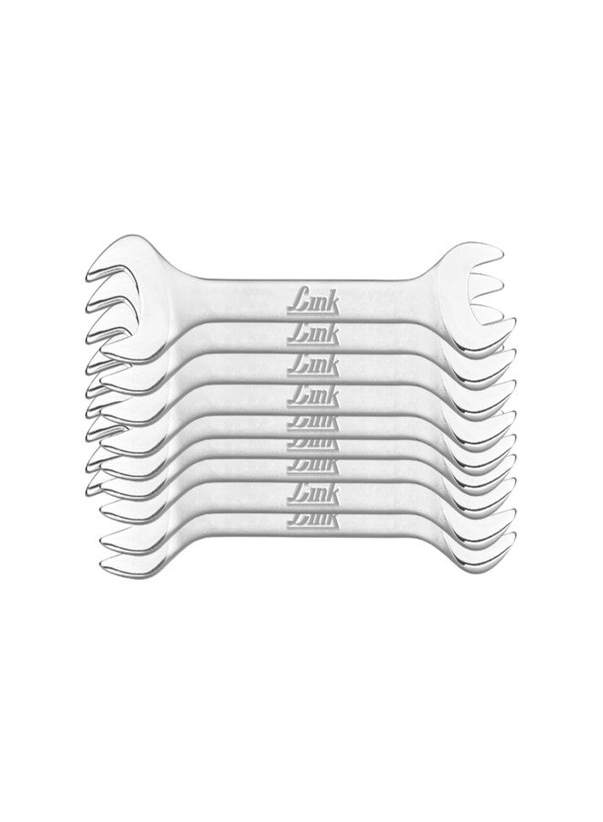 مجموعة مفاتيح ربط مزدوجة مفتوحة الطرف من لينك برابال مكونة من 8 قطع - مصنوعة من فولاذ الكروم والفاناديوم، ومقساة ومُعالجة حرارياً بالكامل، ومطلية بالنيكل والكروم لمقاومة التآكل، ورأس مصقول، وتصميم لوحة مسطحة.